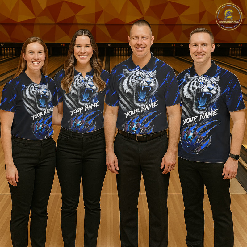 Black & Blue Lightning Thunder Tiger Women Bowling Polo, 1/4 zip shirts custom team Bowling jerseys NQS11575