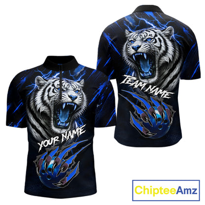 Black & Blue Lightning Thunder Tiger Bowling Polo, 1/4 zip shirts for men custom team Bowling jerseys NQS11575