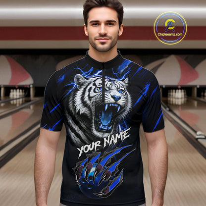 Black & Blue Lightning Thunder Tiger Bowling Polo, 1/4 zip shirts for men custom team Bowling jerseys NQS11575