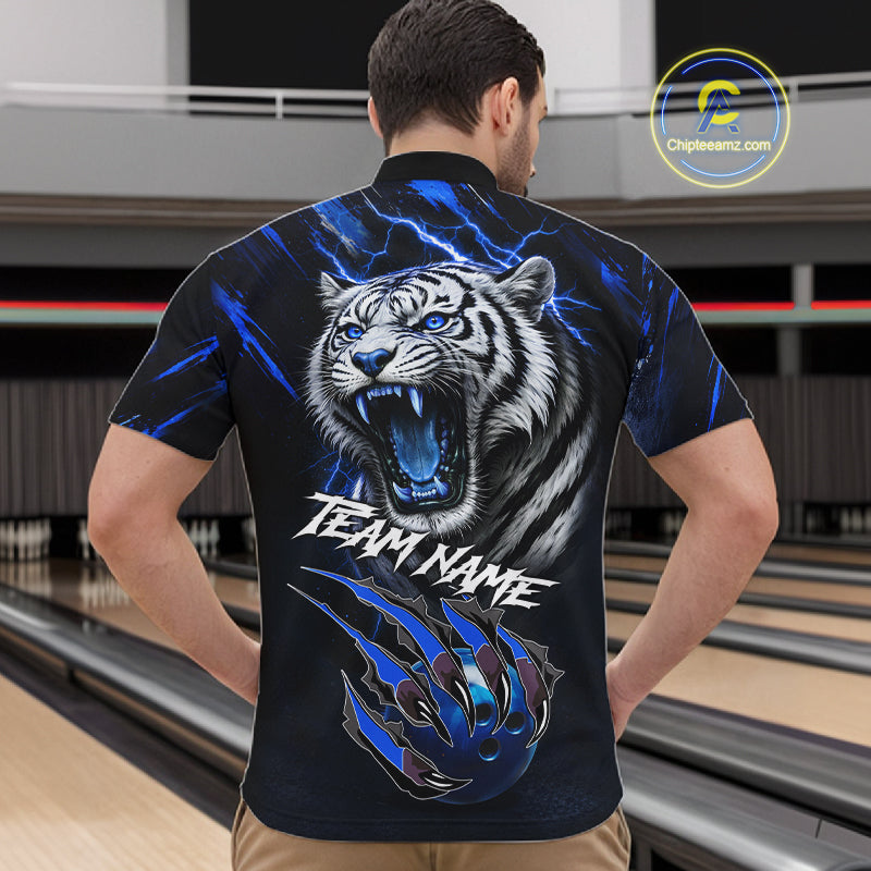 Black & Blue Lightning Thunder Tiger Bowling Polo, 1/4 zip shirts for men custom team Bowling jerseys NQS11575
