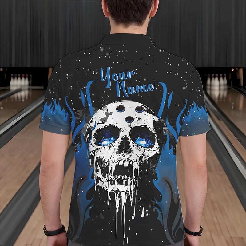 Custom Black and Blue Flame Galaxy Skull Bowling Shirts for Men, Skull Bowling Team Shirts Uniform NQS9622