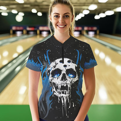 Custom Black and Blue Flame Galaxy Skull Bowling Shirts for Women, Skull Bowling Team Shirts Uniform NQS9622