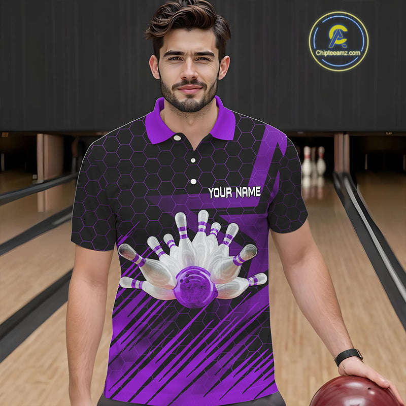 Black And Purple Custom Bowling Polo, Quarter Zip Shirts For Men, Bowling Team League Jersey NQS9811
