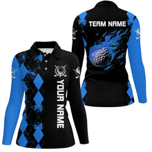 Load image into Gallery viewer, Black Womens golf polo shirts custom blue argyle pattern flame golf ball golf tops for team ladies NQS7713