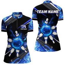 Load image into Gallery viewer, Black and Blue Flame Bowling ball pins Women polo, Quarter zip Shirts Custom team Bowling jerseys NQS7972