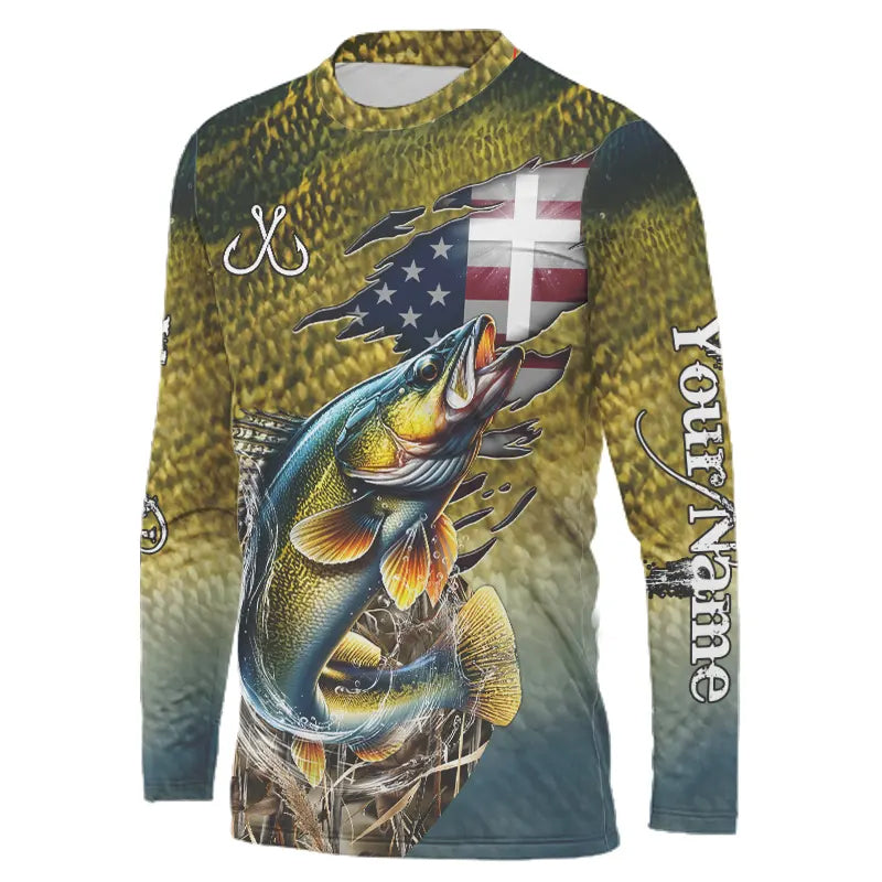 Walleye Fishing Scales Camo American Flag Faith patriotic Custom UV protection long sleeves shirts NQS9310