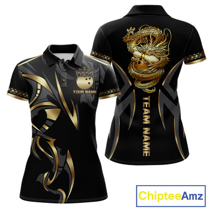 Black and Gold Dragon Bowling ball Polo, Quarter Zip Shirts for Women Custom Bowling Team jerseys NQS11579