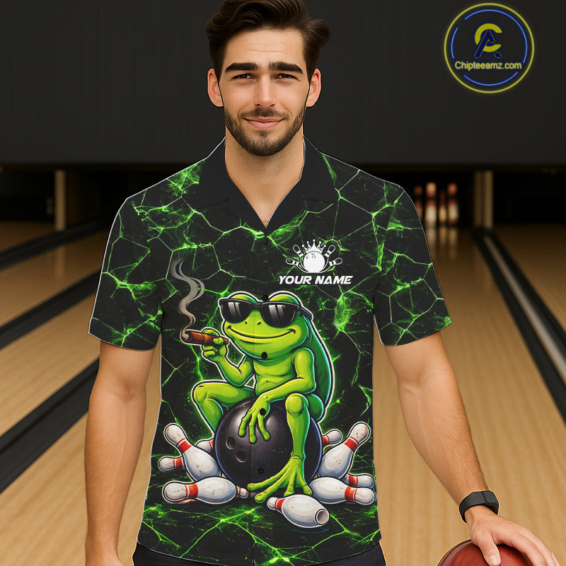 Black & Green Funny Frog Bowling Hawaiian Shirt Custom Team Frog Bowling League Jersey NQS11583