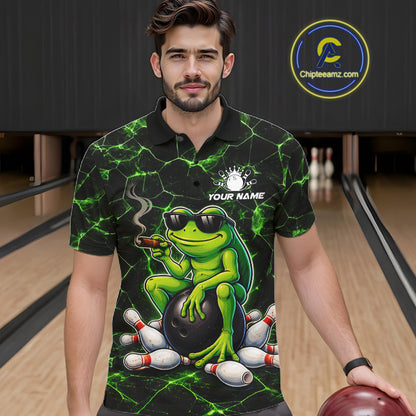 Black & Green Funny Frog Bowling Polo, 1/4 zip Shirts for Men Custom Team Frog Bowling League Jersey NQS11583