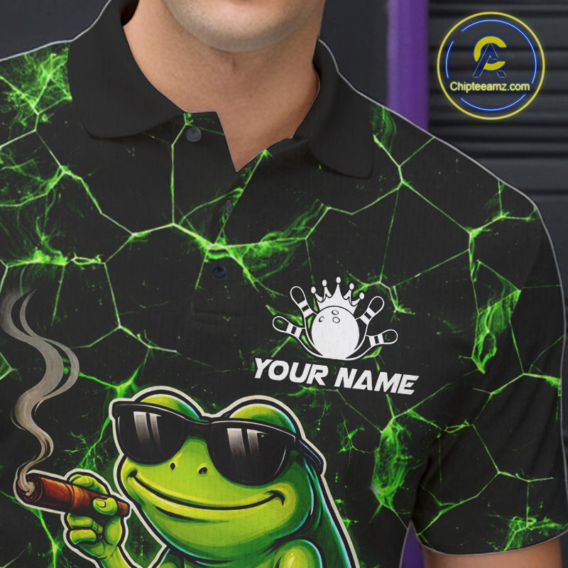 Black & Green Funny Frog Bowling Polo, 1/4 zip Shirts for Men Custom Team Frog Bowling League Jersey NQS11583