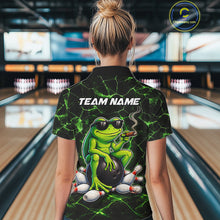 Load image into Gallery viewer, Black &amp; Green Funny Frog Bowling Polo, 1/4 zip Shirt for Women Custom Team Frog Bowling League Jersey NQS11583