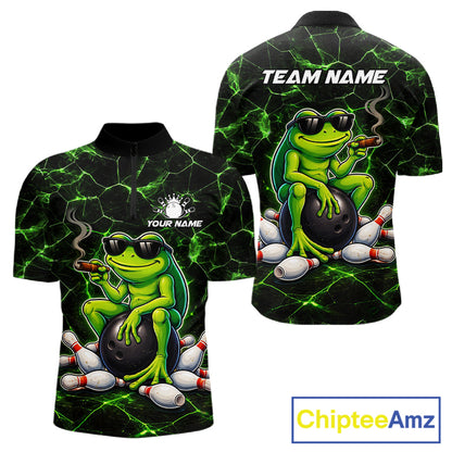 Black & Green Funny Frog Bowling Polo, 1/4 zip Shirts for Men Custom Team Frog Bowling League Jersey NQS11583