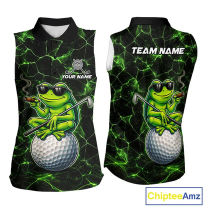 Black & Green Funny Frog Sleeveless Golf Polo shirts Custom team golf shirts, ladies golf clothes NQS11584