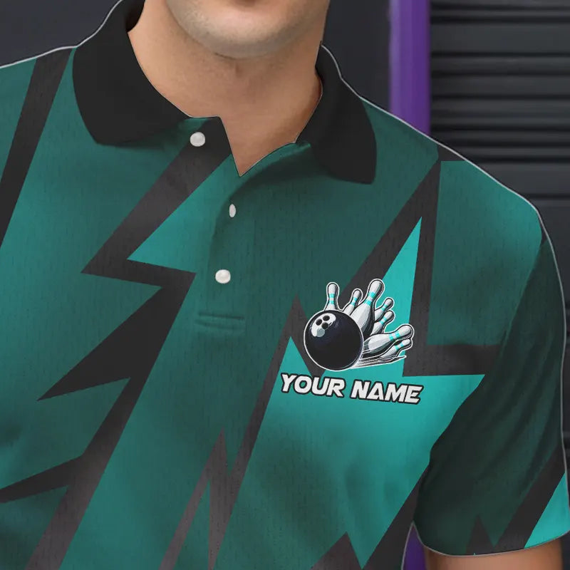 Cyan Blue Lightning Thunder Storm Team bowling shirts for Men custom bowling Polo, Quarter zip jerseys NQS9626