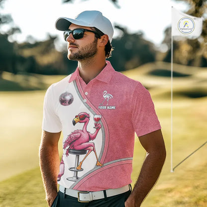 Custom Funny Pink Flamingo Drink Wine Golf Polo Shirts For Men, Flamingo Mens Golf tops NQS11711