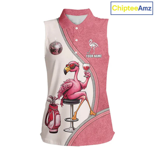 Custom Funny Pink Flamingo Drink Wine Women Sleeveless Golf Polo Shirts, Flamingo Ladies Golf tops NQS11711