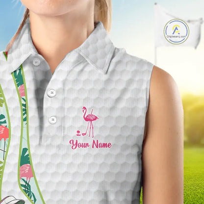 Funny Pink Flamingo Sleeveless Golf polo shirt custom tropical monstera leaf pattern golf shirts NQS11713