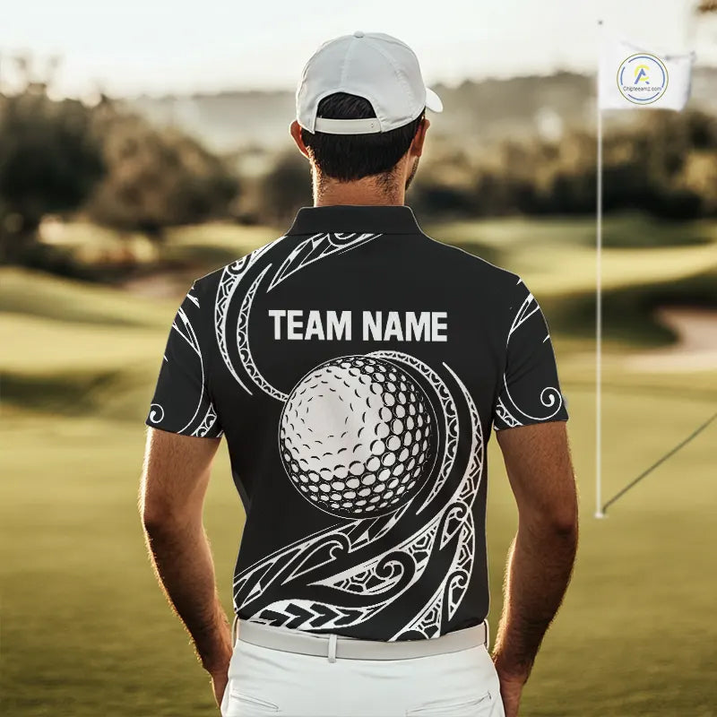 Black and White Tribal Pattern Golf Ball Mens Golf Polo Shirts custom unique mens golf apparel NQS9821