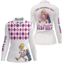 Load image into Gallery viewer, Women's golf polo shirts custom name pink argyle pattern some grandmas knit real grandmas play golf NQS6068