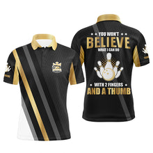 Load image into Gallery viewer, Gold &amp; black Mens bowling shirts Custom you won't believe what I can do with 2 fingers and a thumb NQS8840