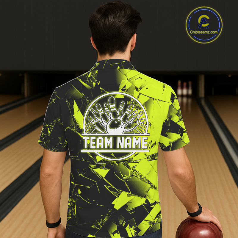 Custom Broken Glass Black and Green Neon Bowling Hawaiian Shirt, Bowling Team League Jerseys NQS11174