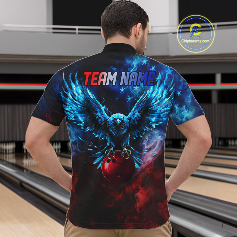 Smoke American Flag Eagle Bowling Shirts For Men Custom patriotic Bowling Team Polo, 1/4 zip Jerseys NQS11179