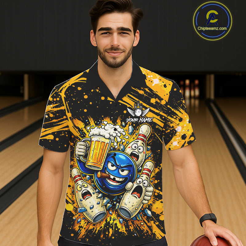 Black and Yellow Funny Bowling and Beer Custom Bowling Hawaiian Shirts, Bowling Team League jerseys NQS11587