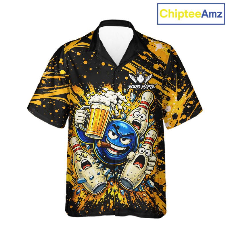 Black and Yellow Funny Bowling and Beer Custom Bowling Hawaiian Shirts, Bowling Team League jerseys NQS11587