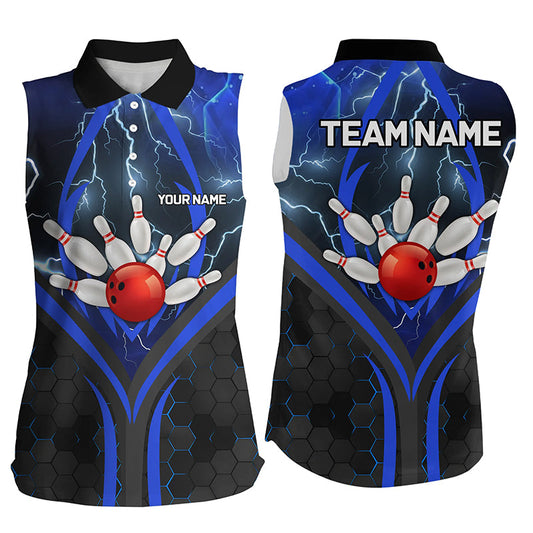 Blue Lightning Thunder Custom Bowling Sleeveless Polo Shirt Women Bowling League Jerseys Bowler Outfit NQS8416