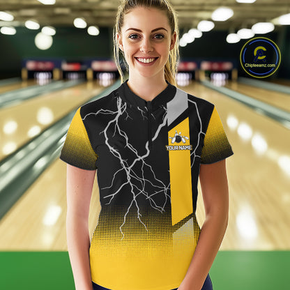 Personalized black & yellow bowling shirt for women lightning thunder custom bowling gifts for ladies NQS11377
