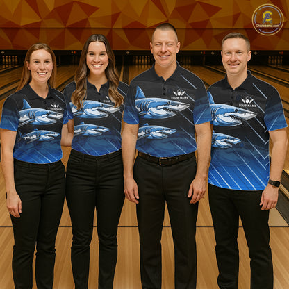 Black and blue shark bowling shirt for women custom lightning thunder bowling polo, quarter zip shirt NQS11378