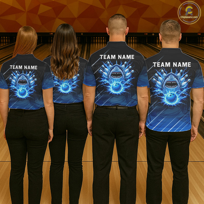 Black and blue shark bowling shirt for women custom lightning thunder bowling polo, quarter zip shirt NQS11378