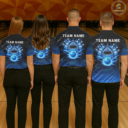 Black and blue shark bowling shirt for women custom lightning thunder bowling polo, quarter zip shirt NQS11378