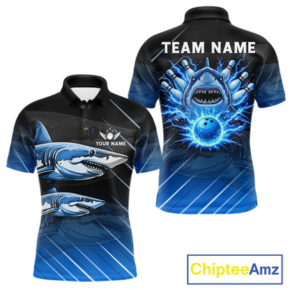 Black and blue shark bowling shirt for men custom lightning thunder bowling polo, quarter zip shirts NQS11378