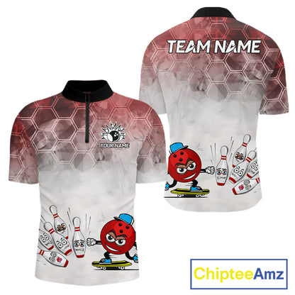 Funny Bowling Polo Shirts For Men, 1/4 zip shirts Custom Bowling Team Jerseys Gift For Bowler | Red NQS11388