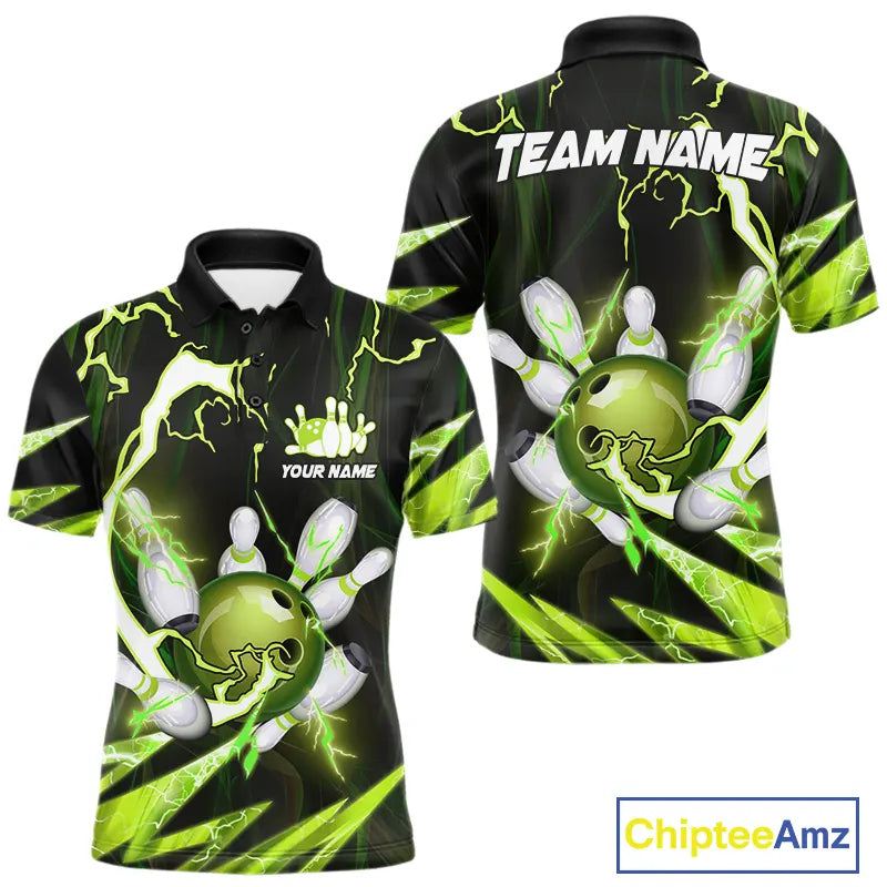 Green Thunder Lightning bowling ball and pins jerseys Custom Team Bowling Polo, 1/4 Zip Shirts For Men NQS9832