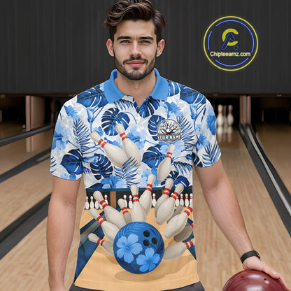 Blue tropical flower Bowling Polo, Quarter Zip Shirts For Men Custom bowling team jersey NQS10988