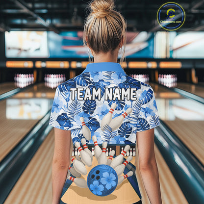 Blue tropical flower Bowling Polo, Quarter Zip Shirts For Women Custom bowling team jersey NQS10988