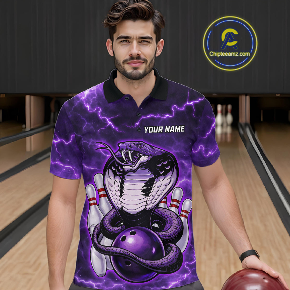 Purple Lightning thunder snake bowling shirts for men Custom bowling league shirts, gifts for bowlers NQS11402