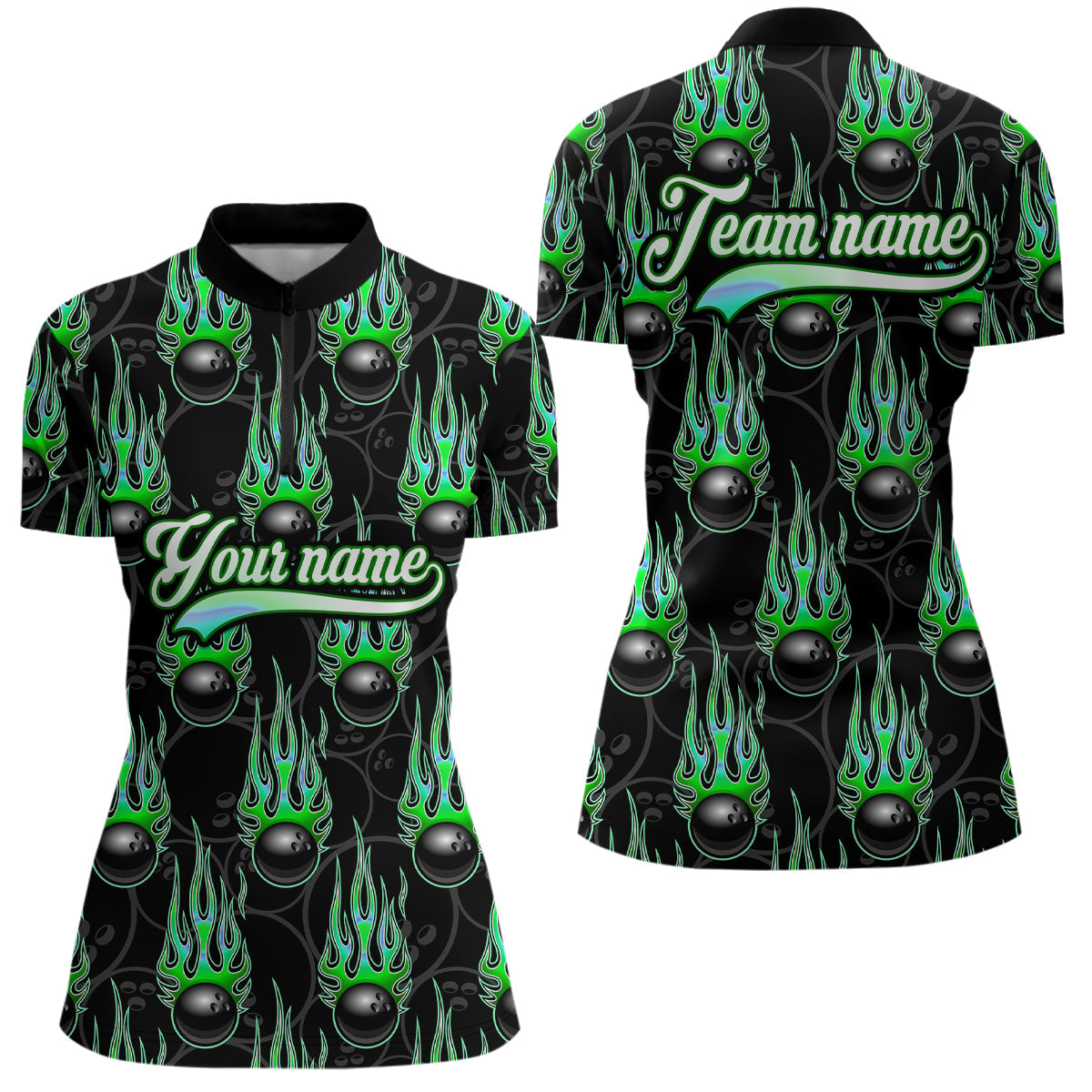Black Bowling Ball Camo Green Flame Bowling Polo, 1/4 Zip Shirt for Women Custom Bowling Team Jersey NQS9479