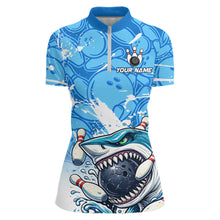 Load image into Gallery viewer, Blue Bowling Camo Angry Shark Bowling Polo, 1/4 Zip Shirts for Women Custom Shark Team Bowling Jersey NQS11605