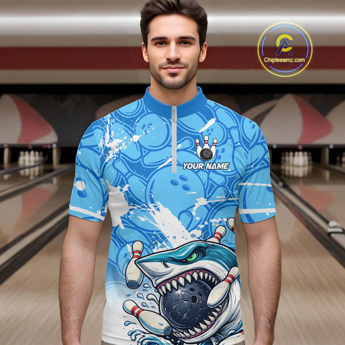 Blue Bowling Camo Angry Shark Bowling Polo, 1/4 Zip Shirts for Men Custom Shark Team Bowling Jerseys NQS11605