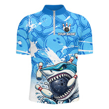 Load image into Gallery viewer, Blue Bowling Camo Angry Shark Bowling Polo, 1/4 Zip Shirts for Men Custom Shark Team Bowling Jerseys NQS11605