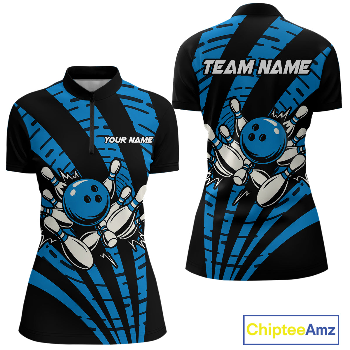 Custom Black and Blue camo Bowling Polo, Quarter Zip Shirt For Women Custom Team bowling jerseys NQS10608