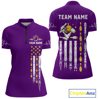 Yellow and Purple Retro American Flag Bowling Shirts For Women Custom Patriotic Bowling Team Jerseys NQS11213