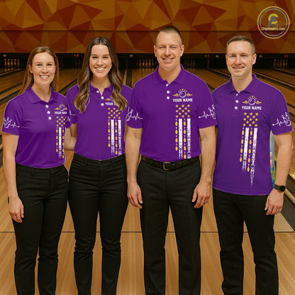Yellow and Purple Retro American Flag Bowling Shirts For Women Custom Patriotic Bowling Team Jerseys NQS11213