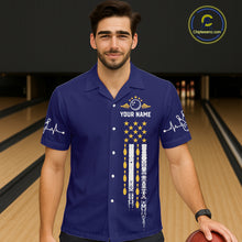 Load image into Gallery viewer, Yellow and Navy Blue Retro American Flag Bowling Hawaiian Shirt Custom Patriotic Bowling Team Jersey NQS11214