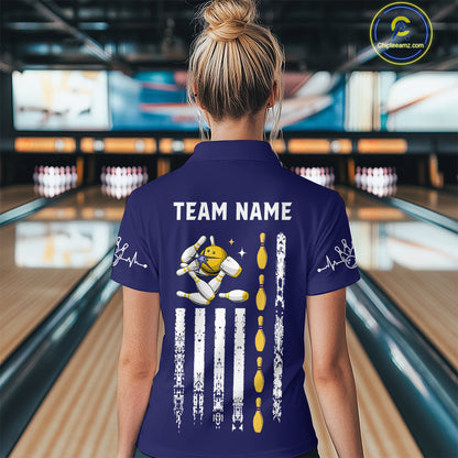 Yellow and Navy Blue Retro American Flag Bowling Shirt For Women Custom Patriotic Bowling Team Jersey NQS11214