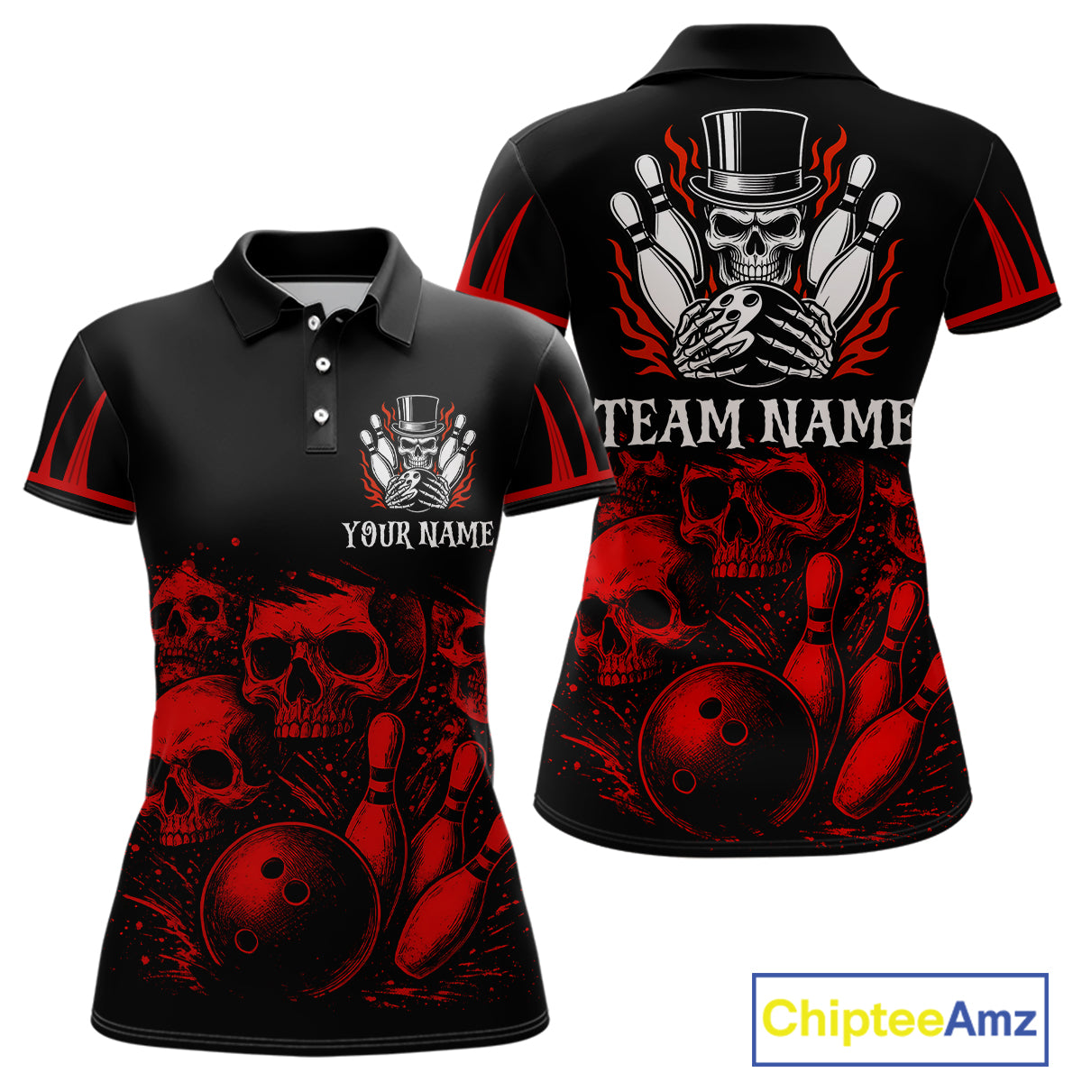 Black and Red Flame Skull Bowling Polo, Quarter Zip Shirts For Women Custom Skull Bowling Team Jerseys NQS9985