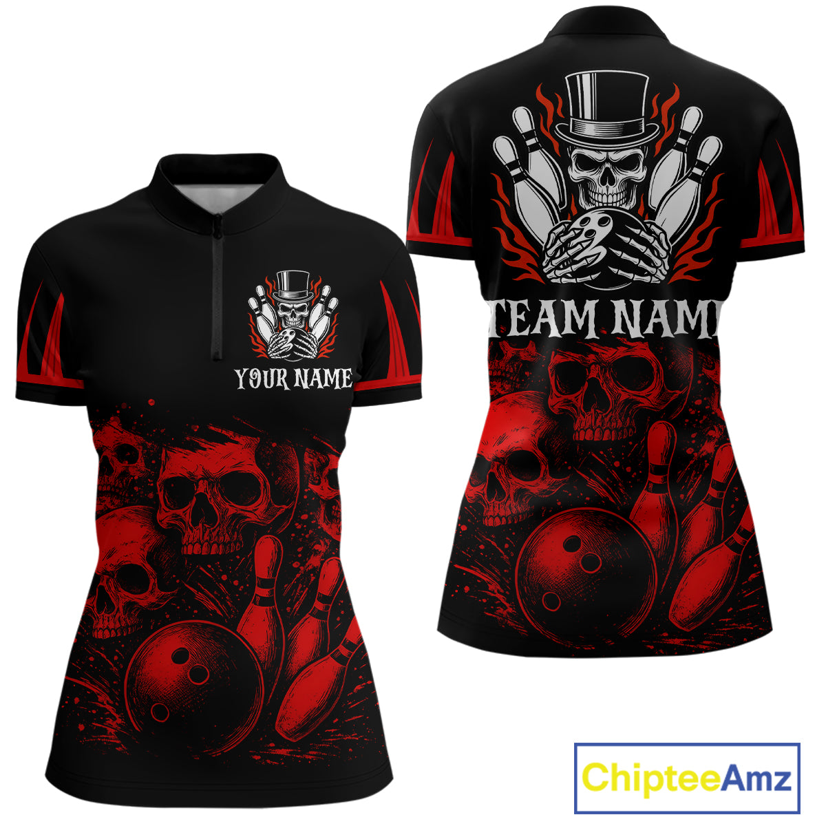 Black and Red Flame Skull Bowling Polo, Quarter Zip Shirts For Women Custom Skull Bowling Team Jerseys NQS9985